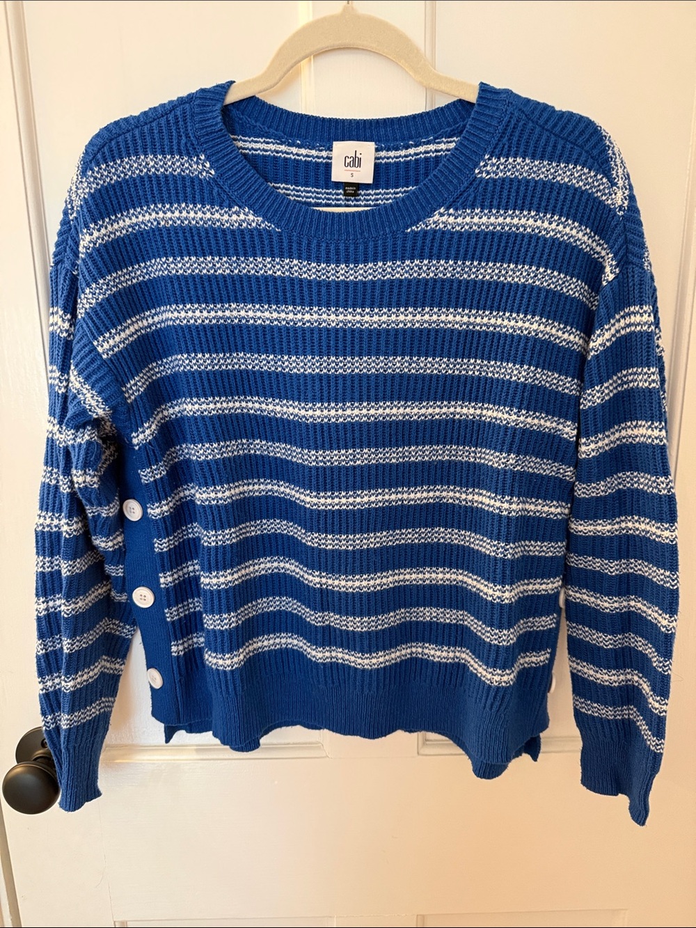 CAbi Blue & White Striped Crewneck Sweater with Side Buttons